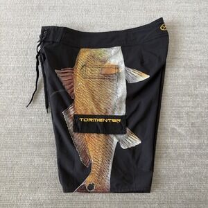 Tormenter Board Shorts Men's 32 Black Pockets Beach Swim Fish Logo Beachcore